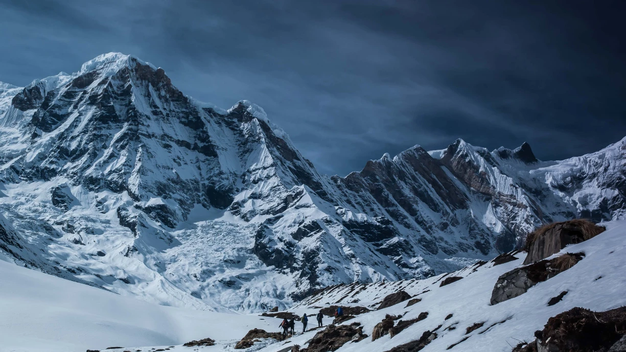 beautiful view mountains covered snow annapurna conservation area chhusang nepal