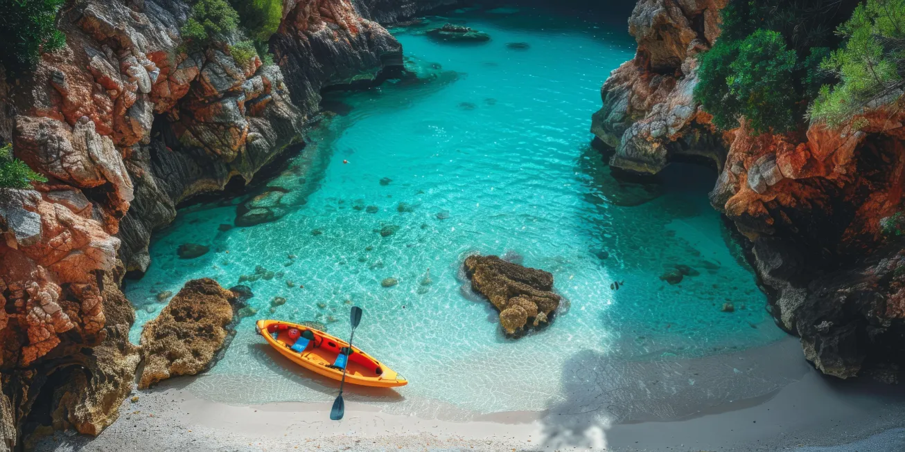 yellow kayak resting sandy beach with water nearby